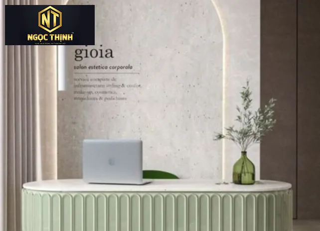 QUẦY LỄ TÂN MÀU XANH PASTEL ĐƠN GIẢN SANG TRỌNG - QLT04